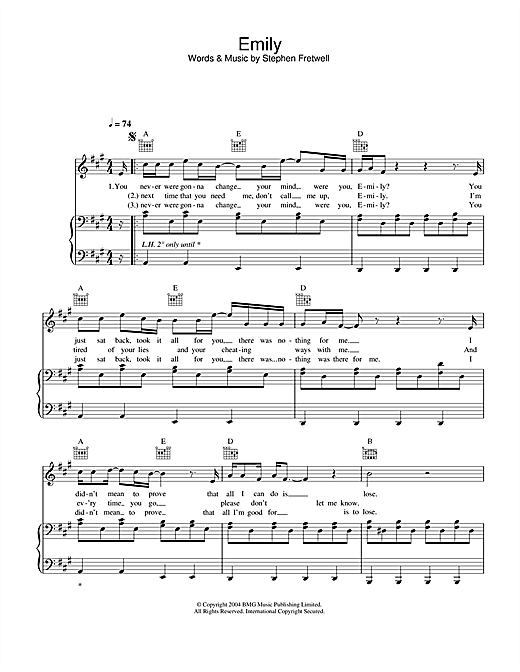 Preview Stephen Fretwell Emily Pop sheet music, notes and chords for Piano, Vocal & Guitar, SKU: 32857 sheet music, piano notes, chords, guitar tabs, score, transpose, transcribe, how to play, guide, download, learn, tutorial, progression, song, artist, awards, billboard, mtv, vh1, tour, single, album, release