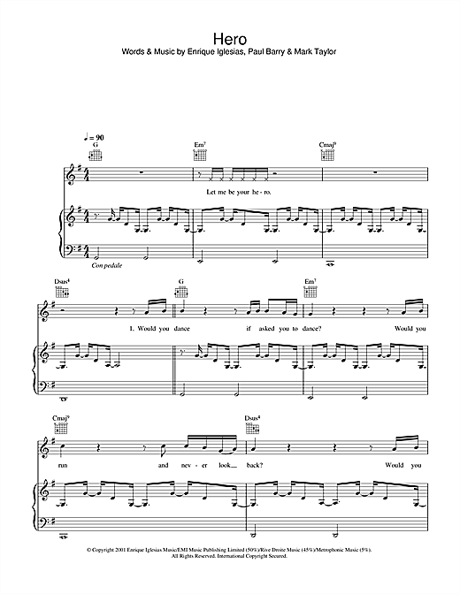 Preview Enrique Iglesias Hero Pop sheet music, notes and chords for Piano, Vocal & Guitar, SKU: 32858 sheet music, piano notes, chords, guitar tabs, score, transpose, transcribe, how to play, guide, download, learn, tutorial, progression, song, artist, awards, billboard, mtv, vh1, tour, single, album, release