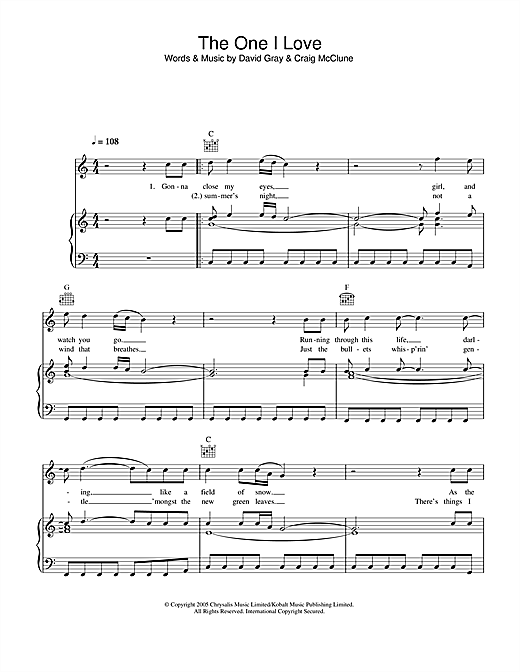 Preview David Gray The One I Love Pop sheet music, notes and chords for Piano, Vocal & Guitar (Right-Hand Melody), SKU: 32859 sheet music, piano notes, chords, guitar tabs, score, transpose, transcribe, how to play, guide, download, learn, tutorial, progression, song, artist, awards, billboard, mtv, vh1, tour, single, album, release