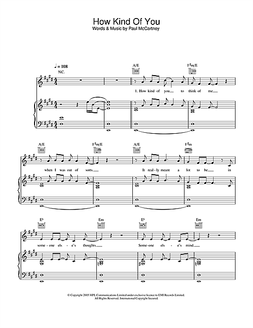 Preview Paul McCartney How Kind Of You Pop sheet music, notes and chords for Piano, Vocal & Guitar (Right-Hand Melody), SKU: 32861 sheet music, piano notes, chords, guitar tabs, score, transpose, transcribe, how to play, guide, download, learn, tutorial, progression, song, artist, awards, billboard, mtv, vh1, tour, single, album, release