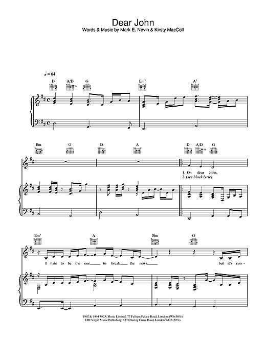 Preview Eddi Reader Dear John Pop sheet music, notes and chords for Piano, Vocal & Guitar (Right-Hand Melody), SKU: 32865 sheet music, piano notes, chords, guitar tabs, score, transpose, transcribe, how to play, guide, download, learn, tutorial, progression, song, artist, awards, billboard, mtv, vh1, tour, single, album, release