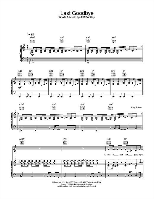 Preview Jeff Buckley Last Goodbye Rock sheet music, notes and chords for Piano, Vocal & Guitar (Right-Hand Melody), SKU: 32866 sheet music, piano notes, chords, guitar tabs, score, transpose, transcribe, how to play, guide, download, learn, tutorial, progression, song, artist, awards, billboard, mtv, vh1, tour, single, album, release