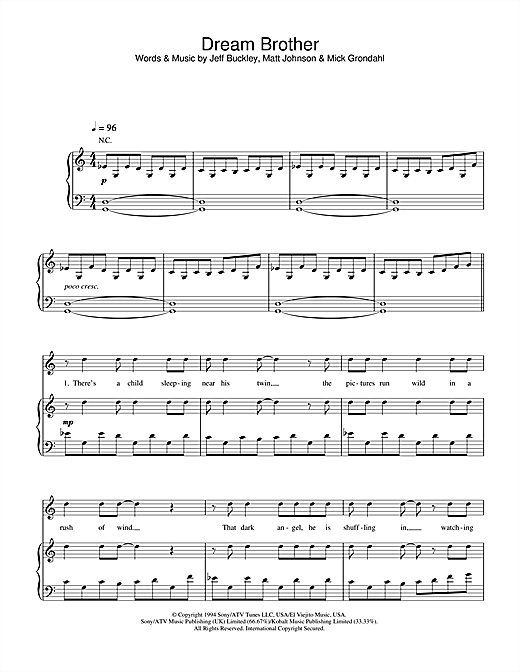 Preview Jeff Buckley Dream Brother Pop sheet music, notes and chords for Piano, Vocal & Guitar (Right-Hand Melody), SKU: 32871 sheet music, piano notes, chords, guitar tabs, score, transpose, transcribe, how to play, guide, download, learn, tutorial, progression, song, artist, awards, billboard, mtv, vh1, tour, single, album, release