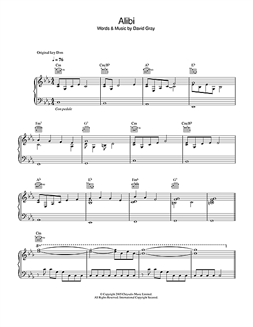 Preview David Gray Alibi Rock sheet music, notes and chords for Piano, Vocal & Guitar (Right-Hand Melody), SKU: 32874 sheet music, piano notes, chords, guitar tabs, score, transpose, transcribe, how to play, guide, download, learn, tutorial, progression, song, artist, awards, billboard, mtv, vh1, tour, single, album, release