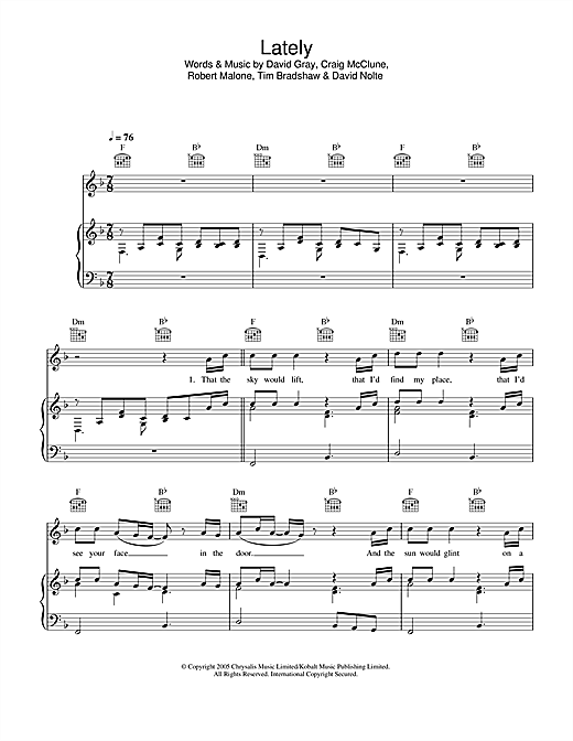 Preview David Gray Lately Pop sheet music, notes and chords for Piano, Vocal & Guitar (Right-Hand Melody), SKU: 32875 sheet music, piano notes, chords, guitar tabs, score, transpose, transcribe, how to play, guide, download, learn, tutorial, progression, song, artist, awards, billboard, mtv, vh1, tour, single, album, release