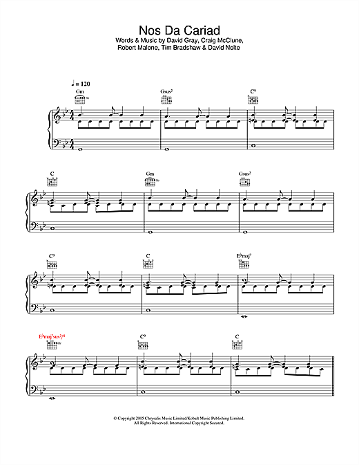 Preview David Gray Nos Da Cariad Pop sheet music, notes and chords for Piano, Vocal & Guitar (Right-Hand Melody), SKU: 32876 sheet music, piano notes, chords, guitar tabs, score, transpose, transcribe, how to play, guide, download, learn, tutorial, progression, song, artist, awards, billboard, mtv, vh1, tour, single, album, release