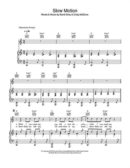 Preview David Gray Slow Motion Pop sheet music, notes and chords for Piano, Vocal & Guitar (Right-Hand Melody), SKU: 32877 sheet music, piano notes, chords, guitar tabs, score, transpose, transcribe, how to play, guide, download, learn, tutorial, progression, song, artist, awards, billboard, mtv, vh1, tour, single, album, release