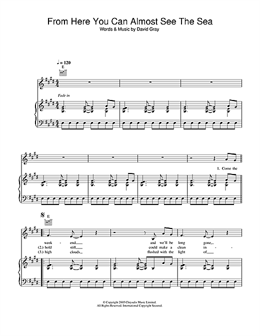 Preview David Gray From Here You Can Almost See The Sea Pop sheet music, notes and chords for Piano, Vocal & Guitar (Right-Hand Melody), SKU: 32878 sheet music, piano notes, chords, guitar tabs, score, transpose, transcribe, how to play, guide, download, learn, tutorial, progression, song, artist, awards, billboard, mtv, vh1, tour, single, album, release