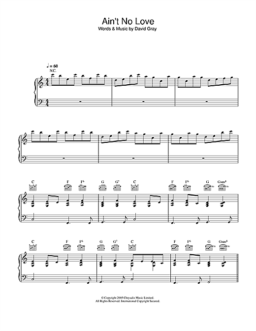 Preview David Gray Ain't No Love Pop sheet music, notes and chords for Piano, Vocal & Guitar (Right-Hand Melody), SKU: 32879 sheet music, piano notes, chords, guitar tabs, score, transpose, transcribe, how to play, guide, download, learn, tutorial, progression, song, artist, awards, billboard, mtv, vh1, tour, single, album, release