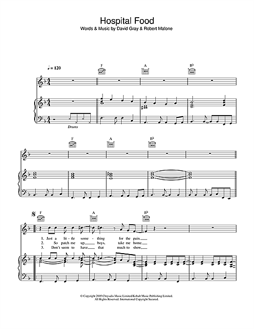 Preview David Gray Hospital Food Pop sheet music, notes and chords for Piano, Vocal & Guitar (Right-Hand Melody), SKU: 32880 sheet music, piano notes, chords, guitar tabs, score, transpose, transcribe, how to play, guide, download, learn, tutorial, progression, song, artist, awards, billboard, mtv, vh1, tour, single, album, release