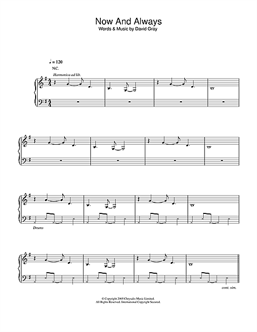 Preview David Gray Now And Always Pop sheet music, notes and chords for Piano, Vocal & Guitar, SKU: 32881 sheet music, piano notes, chords, guitar tabs, score, transpose, transcribe, how to play, guide, download, learn, tutorial, progression, song, artist, awards, billboard, mtv, vh1, tour, single, album, release