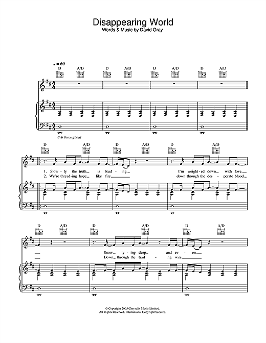 Preview David Gray Disappearing World Pop sheet music, notes and chords for Piano, Vocal & Guitar (Right-Hand Melody), SKU: 32882 sheet music, piano notes, chords, guitar tabs, score, transpose, transcribe, how to play, guide, download, learn, tutorial, progression, song, artist, awards, billboard, mtv, vh1, tour, single, album, release