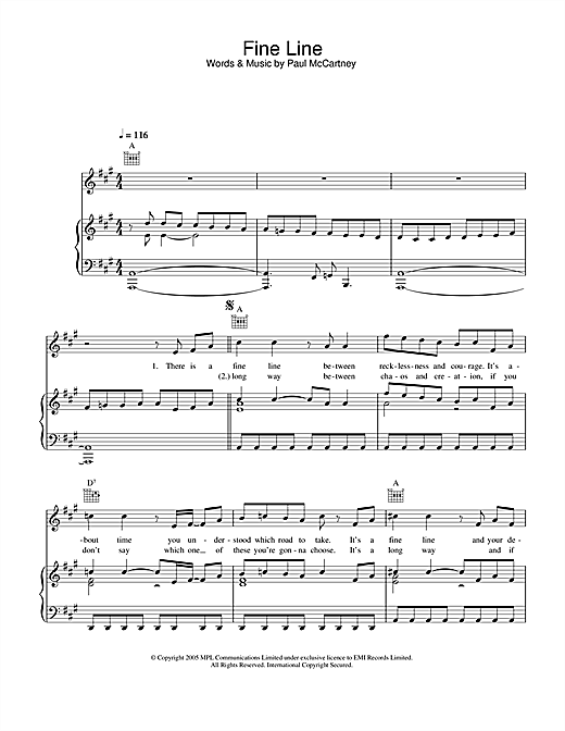 Preview Paul McCartney Fine Line Pop sheet music, notes and chords for Piano, Vocal & Guitar (Right-Hand Melody), SKU: 32883 sheet music, piano notes, chords, guitar tabs, score, transpose, transcribe, how to play, guide, download, learn, tutorial, progression, song, artist, awards, billboard, mtv, vh1, tour, single, album, release
