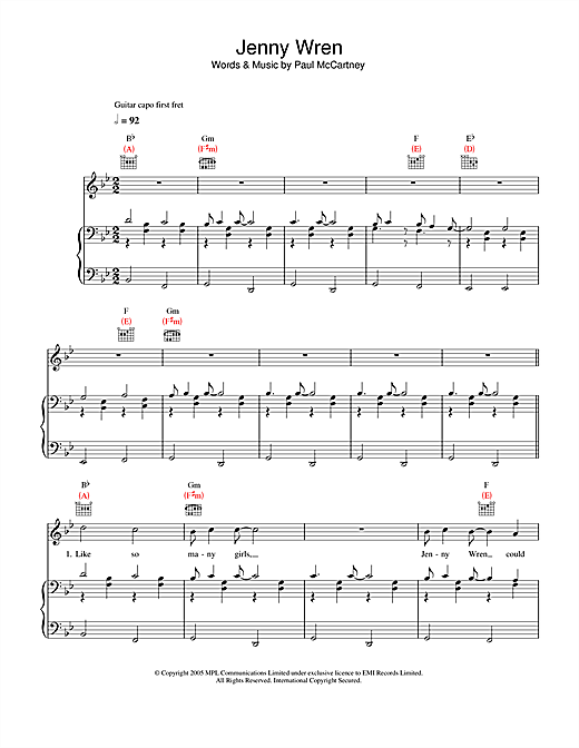 Preview Paul McCartney Jenny Wren Pop sheet music, notes and chords for Piano, Vocal & Guitar (Right-Hand Melody), SKU: 32884 sheet music, piano notes, chords, guitar tabs, score, transpose, transcribe, how to play, guide, download, learn, tutorial, progression, song, artist, awards, billboard, mtv, vh1, tour, single, album, release