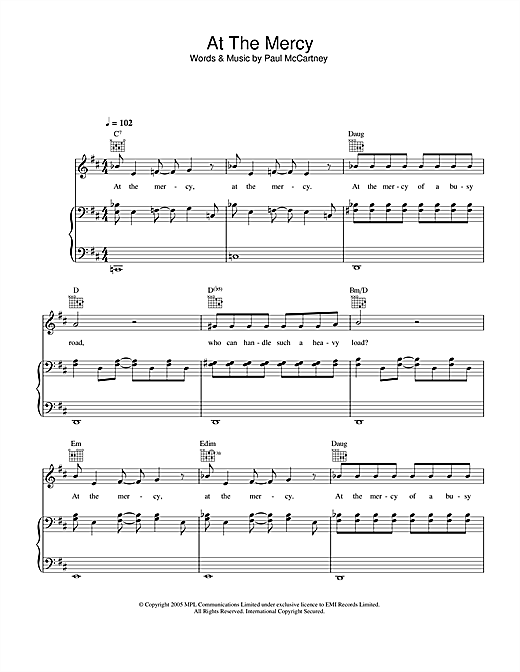 Preview Paul McCartney At The Mercy Pop sheet music, notes and chords for Piano, Vocal & Guitar (Right-Hand Melody), SKU: 32885 sheet music, piano notes, chords, guitar tabs, score, transpose, transcribe, how to play, guide, download, learn, tutorial, progression, song, artist, awards, billboard, mtv, vh1, tour, single, album, release
