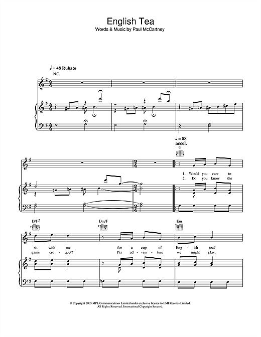 Preview Paul McCartney English Tea Pop sheet music, notes and chords for Piano, Vocal & Guitar (Right-Hand Melody), SKU: 32886 sheet music, piano notes, chords, guitar tabs, score, transpose, transcribe, how to play, guide, download, learn, tutorial, progression, song, artist, awards, billboard, mtv, vh1, tour, single, album, release