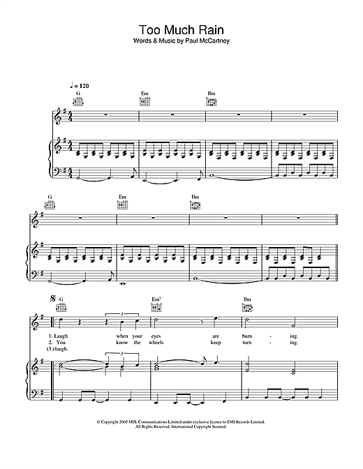 Preview Paul McCartney Too Much Rain Pop sheet music, notes and chords for Piano, Vocal & Guitar (Right-Hand Melody), SKU: 32887 sheet music, piano notes, chords, guitar tabs, score, transpose, transcribe, how to play, guide, download, learn, tutorial, progression, song, artist, awards, billboard, mtv, vh1, tour, single, album, release