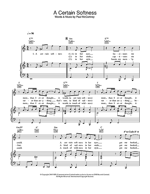 Preview Paul McCartney A Certain Softness Pop sheet music, notes and chords for Piano, Vocal & Guitar (Right-Hand Melody), SKU: 32888 sheet music, piano notes, chords, guitar tabs, score, transpose, transcribe, how to play, guide, download, learn, tutorial, progression, song, artist, awards, billboard, mtv, vh1, tour, single, album, release