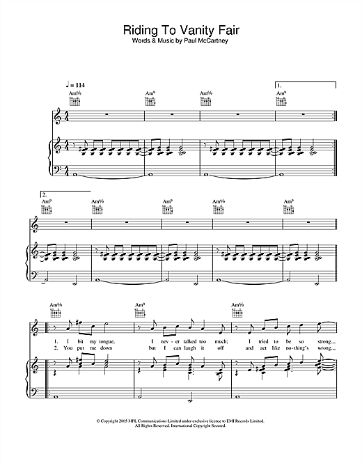 Preview Paul McCartney Riding To Vanity Fair Pop sheet music, notes and chords for Piano, Vocal & Guitar (Right-Hand Melody), SKU: 32889 sheet music, piano notes, chords, guitar tabs, score, transpose, transcribe, how to play, guide, download, learn, tutorial, progression, song, artist, awards, billboard, mtv, vh1, tour, single, album, release