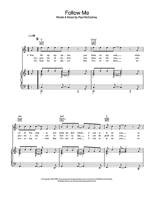 Preview Paul McCartney Follow Me Pop sheet music, notes and chords for Piano, Vocal & Guitar (Right-Hand Melody), SKU: 32890 sheet music, piano notes, chords, guitar tabs, score, transpose, transcribe, how to play, guide, download, learn, tutorial, progression, song, artist, awards, billboard, mtv, vh1, tour, single, album, release