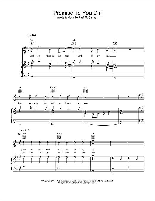 Preview Paul McCartney Promise To You Girl Pop sheet music, notes and chords for Piano, Vocal & Guitar (Right-Hand Melody), SKU: 32891 sheet music, piano notes, chords, guitar tabs, score, transpose, transcribe, how to play, guide, download, learn, tutorial, progression, song, artist, awards, billboard, mtv, vh1, tour, single, album, release