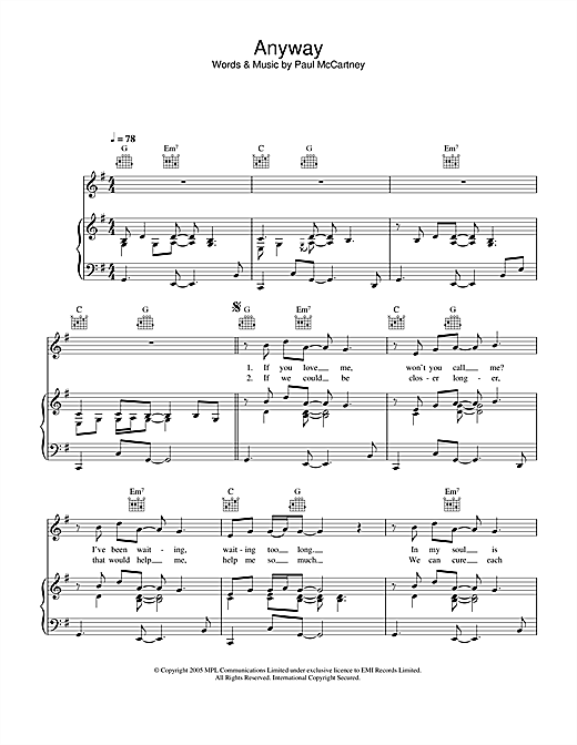 Preview Paul McCartney Anyway Pop sheet music, notes and chords for Piano, Vocal & Guitar (Right-Hand Melody), SKU: 32893 sheet music, piano notes, chords, guitar tabs, score, transpose, transcribe, how to play, guide, download, learn, tutorial, progression, song, artist, awards, billboard, mtv, vh1, tour, single, album, release