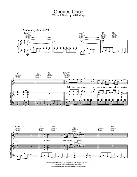Preview Jeff Buckley Opened Once Rock sheet music, notes and chords for Piano, Vocal & Guitar (Right-Hand Melody), SKU: 32898 sheet music, piano notes, chords, guitar tabs, score, transpose, transcribe, how to play, guide, download, learn, tutorial, progression, song, artist, awards, billboard, mtv, vh1, tour, single, album, release