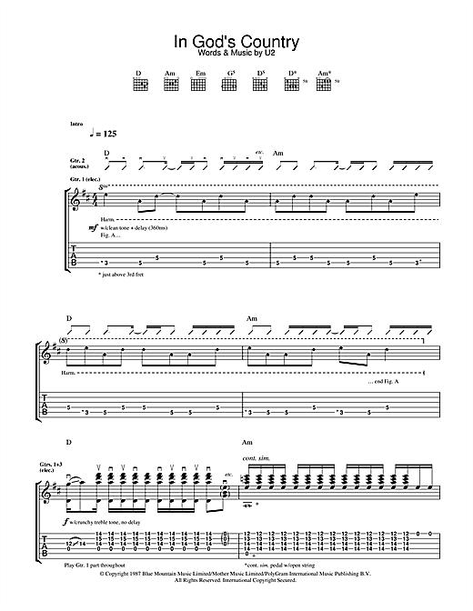 Preview U2 In God's Country Rock sheet music, notes and chords for Guitar Tab, SKU: 32905 sheet music, piano notes, chords, guitar tabs, score, transpose, transcribe, how to play, guide, download, learn, tutorial, progression, song, artist, awards, billboard, mtv, vh1, tour, single, album, release