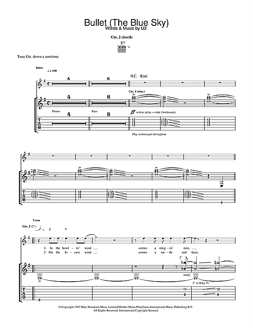 Preview U2 Bullet The Blue Sky Rock sheet music, notes and chords for Guitar Tab, SKU: 32906 sheet music, piano notes, chords, guitar tabs, score, transpose, transcribe, how to play, guide, download, learn, tutorial, progression, song, artist, awards, billboard, mtv, vh1, tour, single, album, release
