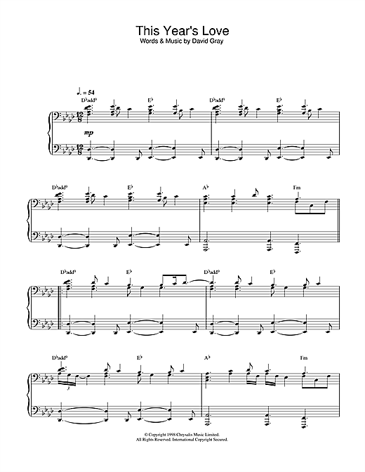 Preview David Gray This Year's Love Pop sheet music, notes and chords for Piano, SKU: 32908 sheet music, piano notes, chords, guitar tabs, score, transpose, transcribe, how to play, guide, download, learn, tutorial, progression, song, artist, awards, billboard, mtv, vh1, tour, single, album, release