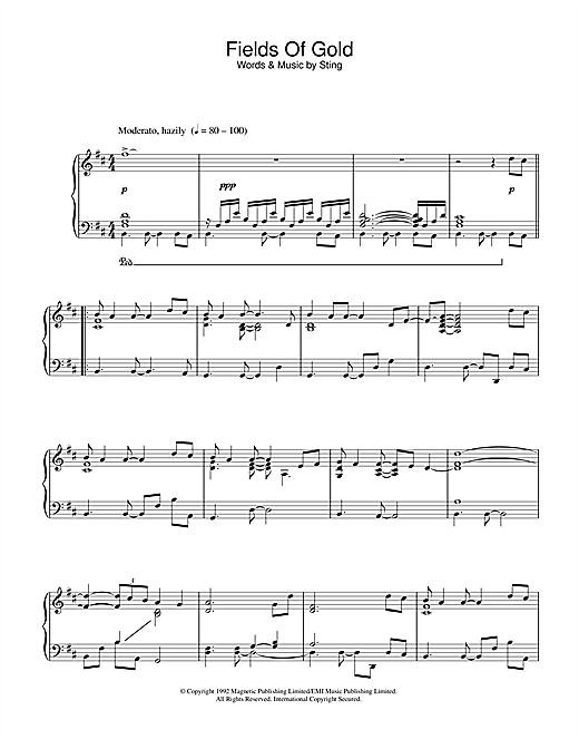 Preview Sting Fields Of Gold Rock sheet music, notes and chords for Piano, SKU: 32911 sheet music, piano notes, chords, guitar tabs, score, transpose, transcribe, how to play, guide, download, learn, tutorial, progression, song, artist, awards, billboard, mtv, vh1, tour, single, album, release