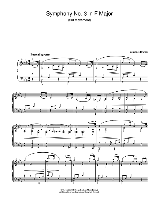 Preview Johannes Brahms Symphony No. 3 In F Major (3rd movement: Poco allegretto) Classical sheet music, notes and chords for Piano, SKU: 32912 sheet music, piano notes, chords, guitar tabs, score, transpose, transcribe, how to play, guide, download, learn, tutorial, progression, song, artist, awards, billboard, mtv, vh1, tour, single, album, release