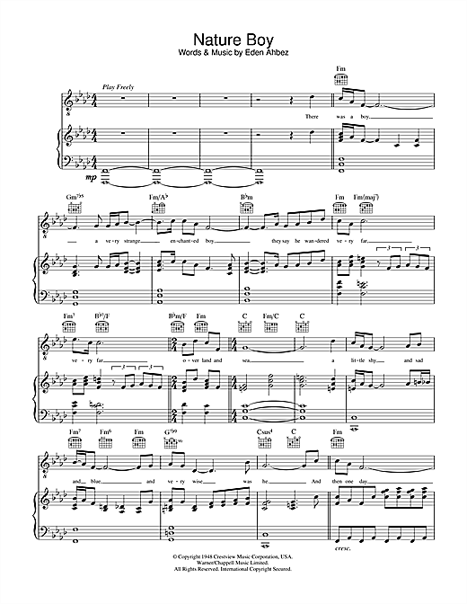 Preview Nat King Cole Nature Boy Jazz sheet music, notes and chords for Piano, Vocal & Guitar (Right-Hand Melody), SKU: 32914 sheet music, piano notes, chords, guitar tabs, score, transpose, transcribe, how to play, guide, download, learn, tutorial, progression, song, artist, awards, billboard, mtv, vh1, tour, single, album, release