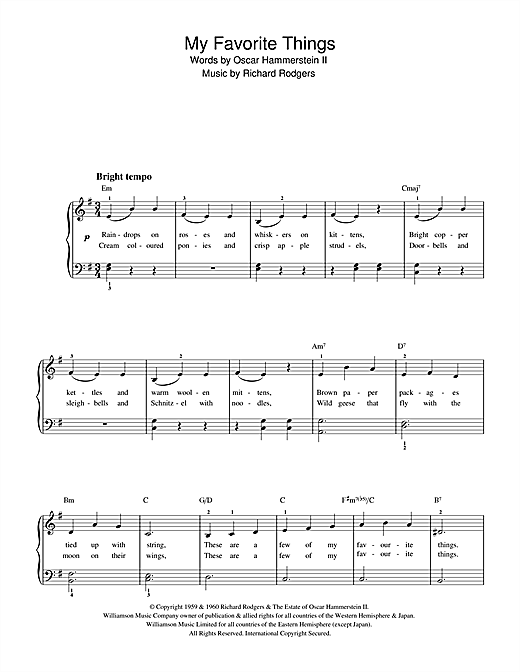 Preview Rodgers & Hammerstein My Favorite Things (from The Sound Of Music) Musicals sheet music, notes and chords for Easy Piano, SKU: 32925 sheet music, piano notes, chords, guitar tabs, score, transpose, transcribe, how to play, guide, download, learn, tutorial, progression, song, artist, awards, billboard, mtv, vh1, tour, single, album, release