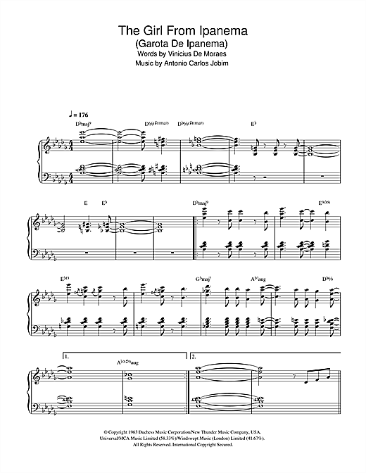 Preview Antonio Carlos Jobim The Girl From Ipanema (Garota De Ipanema) Jazz sheet music, notes and chords for Piano, SKU: 32929 sheet music, piano notes, chords, guitar tabs, score, transpose, transcribe, how to play, guide, download, learn, tutorial, progression, song, artist, awards, billboard, mtv, vh1, tour, single, album, release