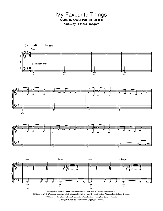 Preview Rodgers & Hammerstein My Favorite Things (from The Sound Of Music) Musicals sheet music, notes and chords for Piano, SKU: 32930 sheet music, piano notes, chords, guitar tabs, score, transpose, transcribe, how to play, guide, download, learn, tutorial, progression, song, artist, awards, billboard, mtv, vh1, tour, single, album, release