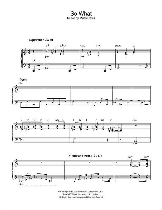 Preview Miles Davis So What Jazz sheet music, notes and chords for Piano, SKU: 32931 sheet music, piano notes, chords, guitar tabs, score, transpose, transcribe, how to play, guide, download, learn, tutorial, progression, song, artist, awards, billboard, mtv, vh1, tour, single, album, release