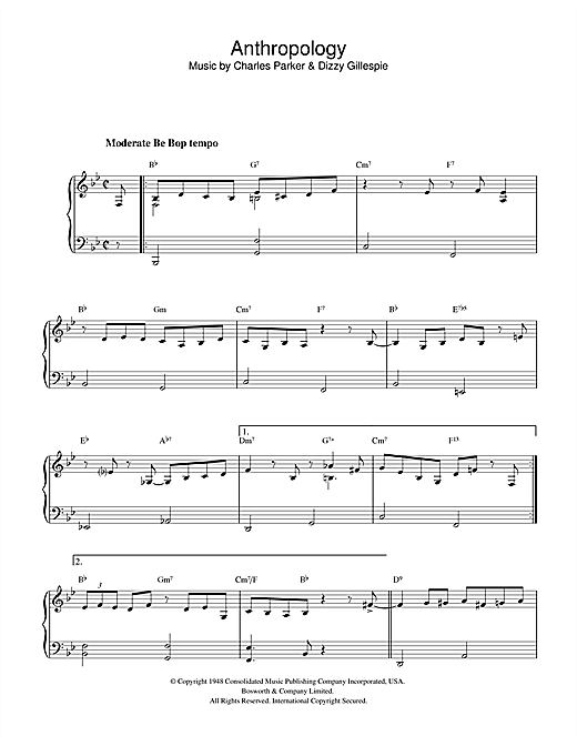 Preview Charlie Parker Anthropology Jazz sheet music, notes and chords for Piano, SKU: 32934 sheet music, piano notes, chords, guitar tabs, score, transpose, transcribe, how to play, guide, download, learn, tutorial, progression, song, artist, awards, billboard, mtv, vh1, tour, single, album, release
