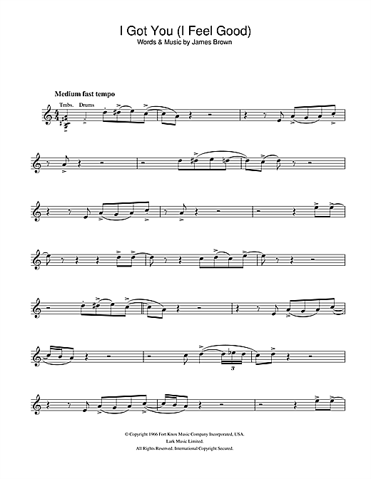 Preview James Brown I Got You (I Feel Good) Soul sheet music, notes and chords for Alto Saxophone, SKU: 32943 sheet music, piano notes, chords, guitar tabs, score, transpose, transcribe, how to play, guide, download, learn, tutorial, progression, song, artist, awards, billboard, mtv, vh1, tour, single, album, release