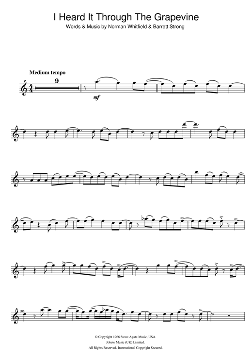 Preview Marvin Gaye I Heard It Through The Grapevine Soul sheet music, notes and chords for Alto Saxophone, SKU: 32944 sheet music, piano notes, chords, guitar tabs, score, transpose, transcribe, how to play, guide, download, learn, tutorial, progression, song, artist, awards, billboard, mtv, vh1, tour, single, album, release