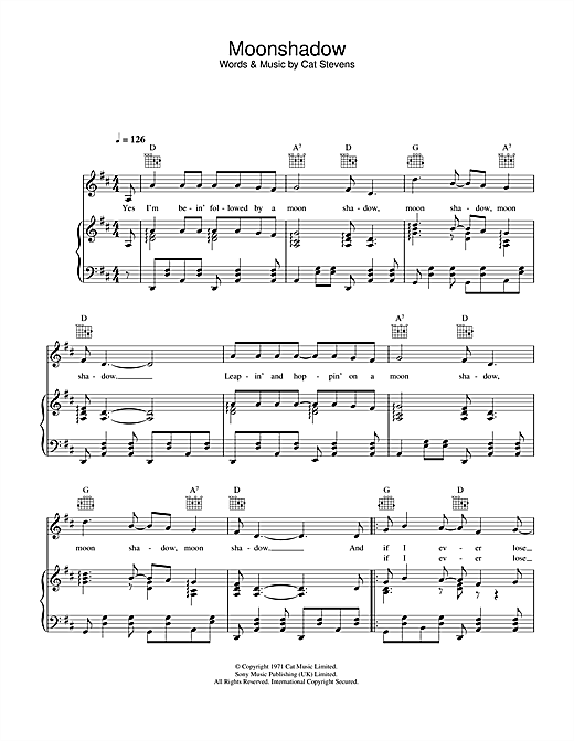 Preview Cat Stevens Moonshadow Pop sheet music, notes and chords for Piano, Vocal & Guitar (Right-Hand Melody), SKU: 32946 sheet music, piano notes, chords, guitar tabs, score, transpose, transcribe, how to play, guide, download, learn, tutorial, progression, song, artist, awards, billboard, mtv, vh1, tour, single, album, release
