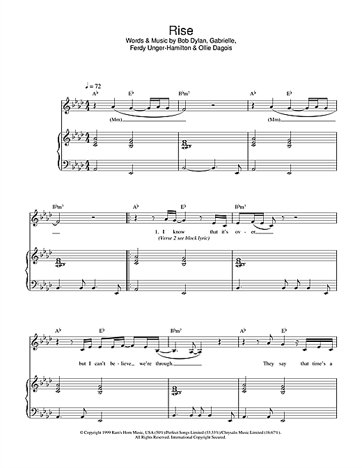 Preview Gabrielle Rise Pop sheet music, notes and chords for Piano & Vocal, SKU: 32948 sheet music, piano notes, chords, guitar tabs, score, transpose, transcribe, how to play, guide, download, learn, tutorial, progression, song, artist, awards, billboard, mtv, vh1, tour, single, album, release