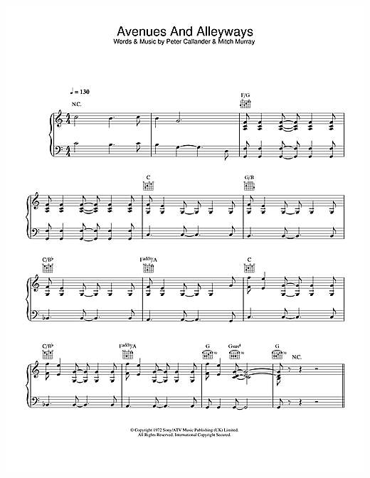 Preview Tony Christie Avenues & Alleyways Easy Listening sheet music, notes and chords for Piano, Vocal & Guitar (Right-Hand Melody), SKU: 32950 sheet music, piano notes, chords, guitar tabs, score, transpose, transcribe, how to play, guide, download, learn, tutorial, progression, song, artist, awards, billboard, mtv, vh1, tour, single, album, release