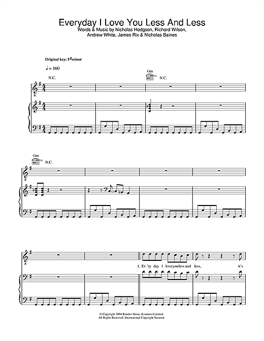 Preview Kaiser Chiefs Everyday I Love You Less And Less Rock sheet music, notes and chords for Piano, Vocal & Guitar (Right-Hand Melody), SKU: 32951 sheet music, piano notes, chords, guitar tabs, score, transpose, transcribe, how to play, guide, download, learn, tutorial, progression, song, artist, awards, billboard, mtv, vh1, tour, single, album, release