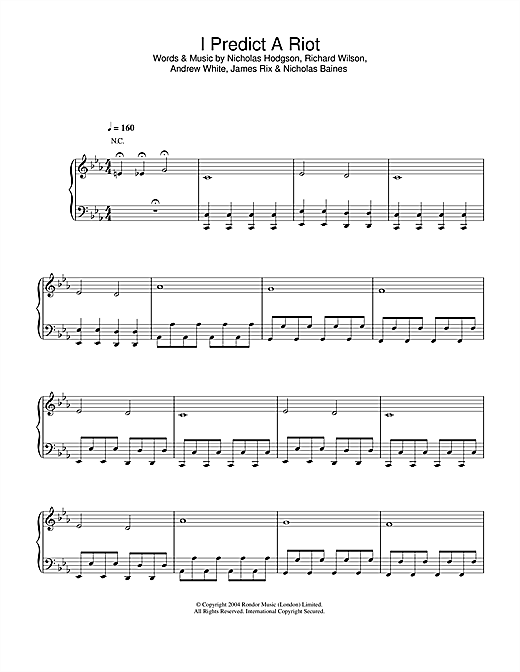 Preview Kaiser Chiefs I Predict A Riot Rock sheet music, notes and chords for Piano, Vocal & Guitar (Right-Hand Melody), SKU: 32952 sheet music, piano notes, chords, guitar tabs, score, transpose, transcribe, how to play, guide, download, learn, tutorial, progression, song, artist, awards, billboard, mtv, vh1, tour, single, album, release