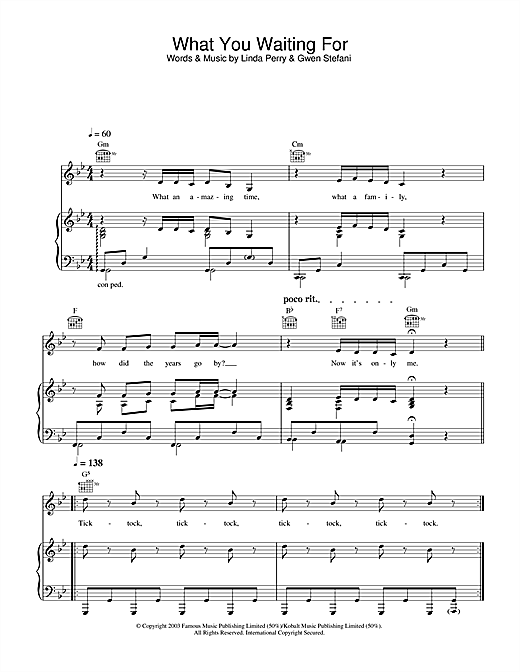 Preview Gwen Stefani What You Waiting For? Rock sheet music, notes and chords for Piano, Vocal & Guitar (Right-Hand Melody), SKU: 32953 sheet music, piano notes, chords, guitar tabs, score, transpose, transcribe, how to play, guide, download, learn, tutorial, progression, song, artist, awards, billboard, mtv, vh1, tour, single, album, release
