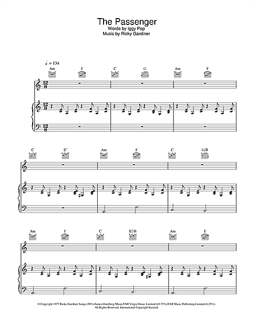Preview Iggy Pop The Passenger Rock sheet music, notes and chords for Piano, Vocal & Guitar (Right-Hand Melody), SKU: 32955 sheet music, piano notes, chords, guitar tabs, score, transpose, transcribe, how to play, guide, download, learn, tutorial, progression, song, artist, awards, billboard, mtv, vh1, tour, single, album, release