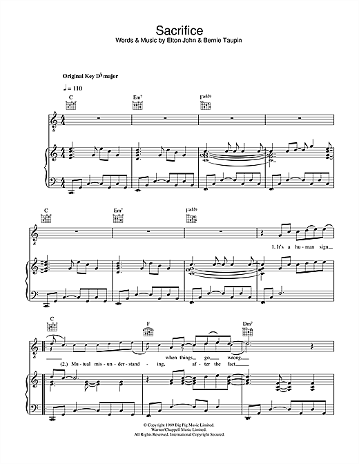 Preview Elton John Sacrifice Pop sheet music, notes and chords for Piano, Vocal & Guitar (Right-Hand Melody), SKU: 32957 sheet music, piano notes, chords, guitar tabs, score, transpose, transcribe, how to play, guide, download, learn, tutorial, progression, song, artist, awards, billboard, mtv, vh1, tour, single, album, release