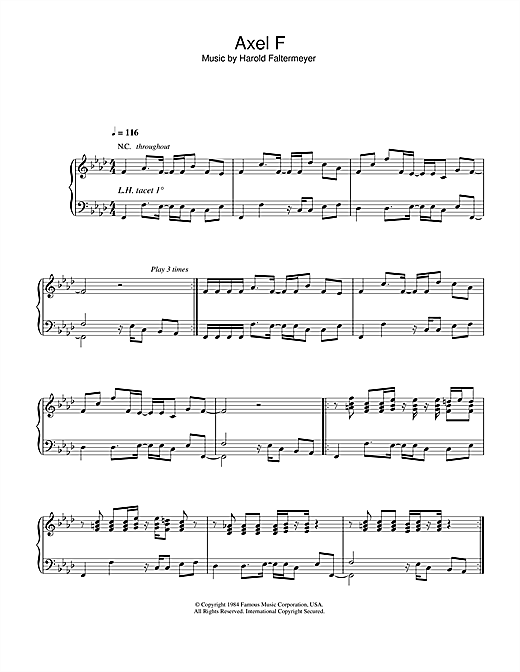 Preview Harold Faltermeyer Axel F (from Beverley Hills Cop) (the Crazy Frog) Film and TV sheet music, notes and chords for Piano, SKU: 32958 sheet music, piano notes, chords, guitar tabs, score, transpose, transcribe, how to play, guide, download, learn, tutorial, progression, song, artist, awards, billboard, mtv, vh1, tour, single, album, release