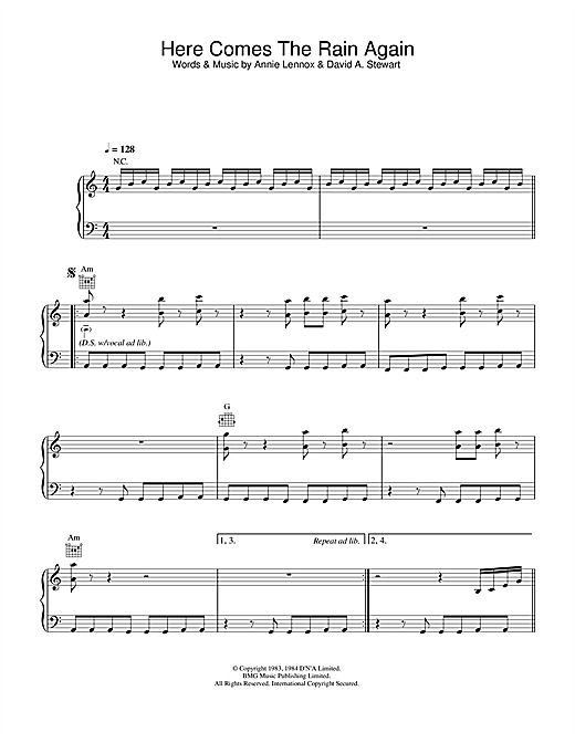 Preview Eurythmics Here Comes The Rain Again Pop sheet music, notes and chords for Piano, Vocal & Guitar (Right-Hand Melody), SKU: 32960 sheet music, piano notes, chords, guitar tabs, score, transpose, transcribe, how to play, guide, download, learn, tutorial, progression, song, artist, awards, billboard, mtv, vh1, tour, single, album, release